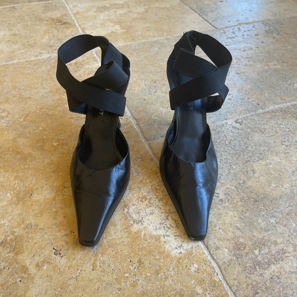 Nine West Leather Pointed Toe Kitten Heel Elastic Cross Ankle Strap Size 5M - Picture 6 of 6